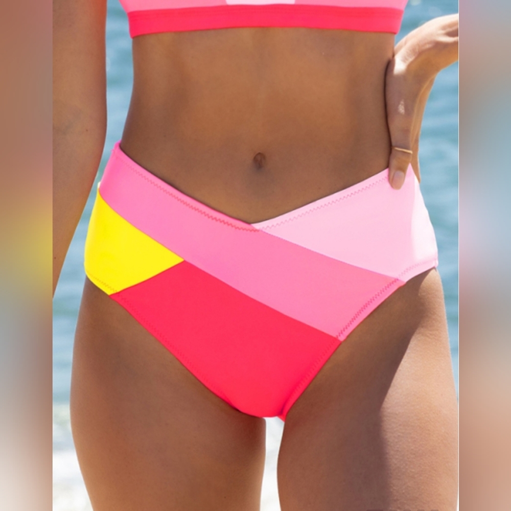 Popvil Bikini Bottom, FullCoverage, High Waist, Tummy Control, Coral/Pink/Yellow
